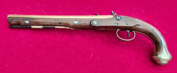 18 inch long brass barrel flintlock pistol by Knubley LONDON. Ref 3509. Was £2,800  now