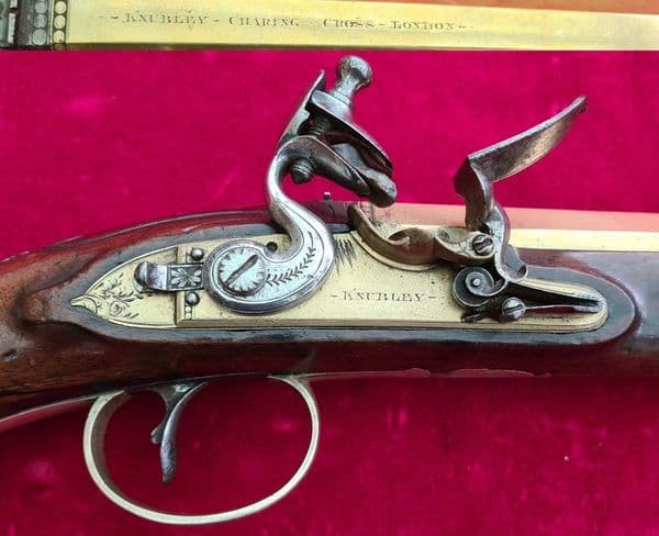18 inch long brass barrel flintlock pistol by Knubley LONDON. Ref 3509. Was £2,800 now