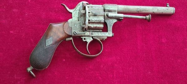 A 12  shot pinfire revolver engraved EDWIN LADMORE HEREFORD. Circa 1865 Good condition. Ref 4637.