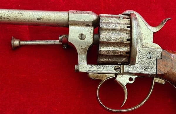 A 12  shot pinfire revolver engraved EDWIN LADMORE HEREFORD. Circa 1865 Good condition. Ref 4637.