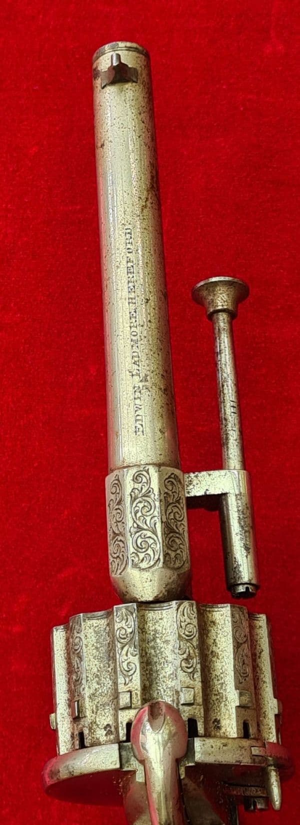 A 12  shot pinfire revolver engraved EDWIN LADMORE HEREFORD. Circa 1865 Good condition. Ref 4637.
