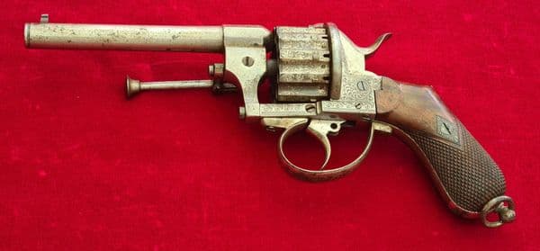 A 12  shot pinfire revolver engraved EDWIN LADMORE HEREFORD. Circa 1865. Ref 4637. Was £1,850 now