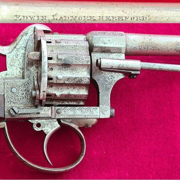 A 12  shot pinfire revolver engraved EDWIN LADMORE HEREFORD. Circa 1865. Ref 4637. Was £1,850 now