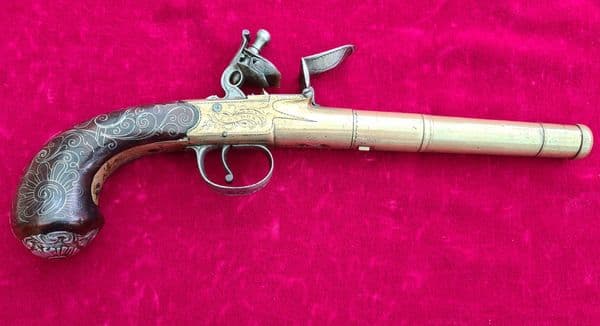 A brass framed flintlock cannon barrel pistol by Bunney London C. 1780. Ref 2397