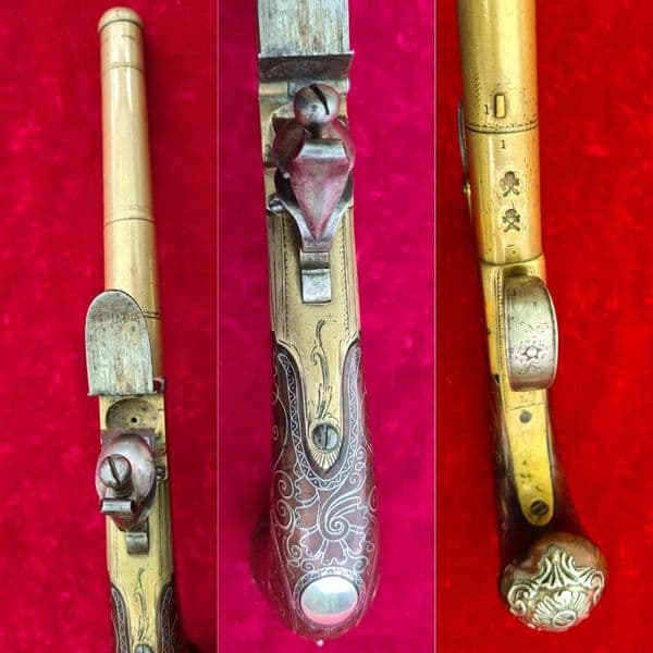 A brass framed flintlock cannon barrel pistol by Bunney London C. 1780. Ref 2397
