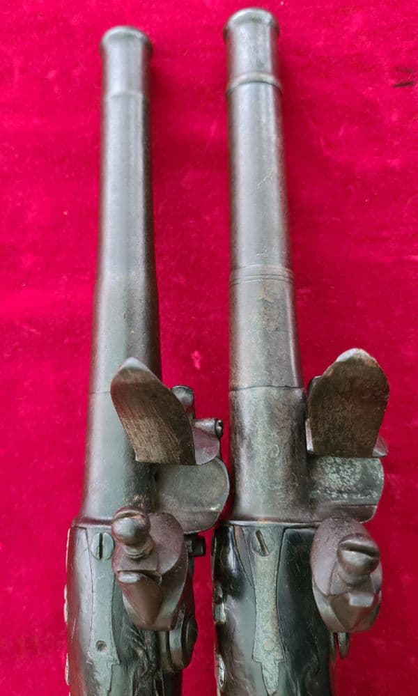A fine pair of  Queen Anne silver mounted flintlock pistols by HAWKS of OXFORD. C.1760. Ref 3732.