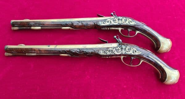 A fine & very long pair of Liege Flintlock Pistols of high quality. Ref 3927. Was 9,000 now