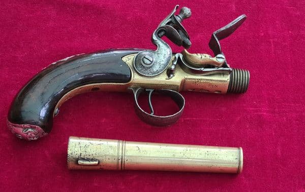 A rare Queen Anne style brass framed Silver mounted Flintlock pistol by HEYLIN LONDON. Ref 4029.