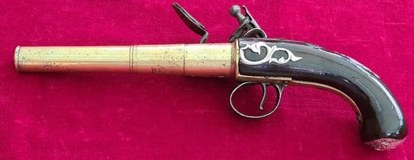 A rare Queen Anne style brass framed Silver mounted Flintlock pistol by HEYLIN LONDON. Ref 4029.