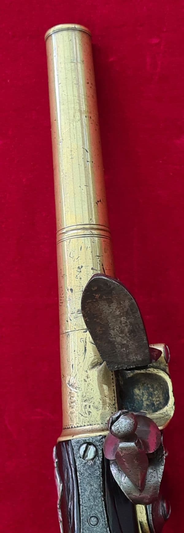 A rare Queen Anne style brass framed Silver mounted Flintlock pistol by HEYLIN LONDON. Ref 4029.