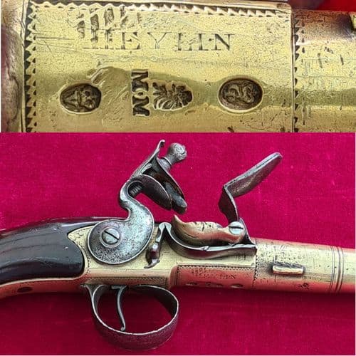 A rare Queen Anne style brass framed Silver mounted Flintlock pistol by HEYLIN LONDON. Ref 4029.