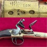 A rare Queen Anne style brass framed Silver mounted Flintlock pistol by HEYLIN LONDON. Ref 4029.