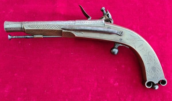 A rare Scottish Rams horn brass Highlander's flintlock pistol made by ROSS of EDINBURGH. Ref 3743