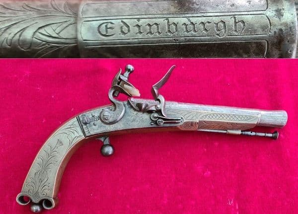 A rare Scottish Rams horn brass Highlander's flintlock pistol made by ROSS of EDINBURGH. Ref 3743