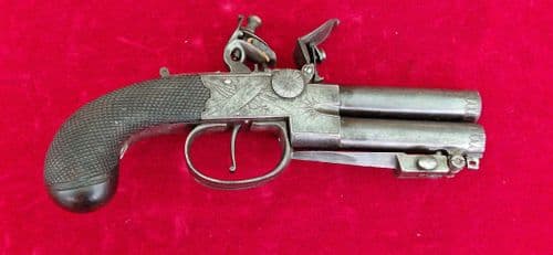 A scarce double Barrelled Tap Action Flintlock Pistol by J. WHITEHOUSE of West Bromwich. Ref 4296.
