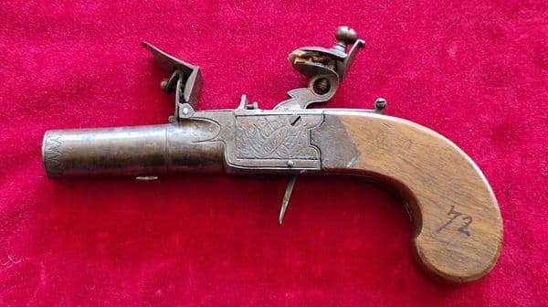 A single barrel English flintlock pocket pistol by Wood of York. Ref 4140. Was £650 now