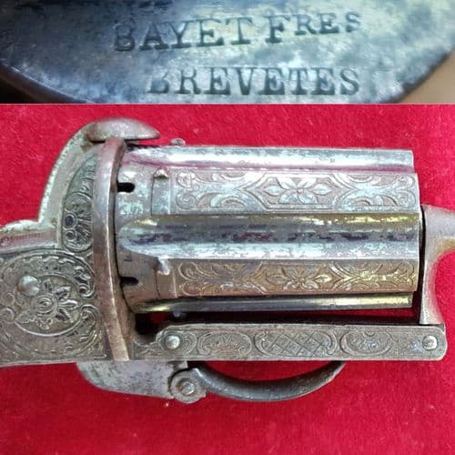 A stunning condition 7mm pinfire pepperbox revolver engraved Bayet Fres Brevetes. C.1865. Ref 2822.