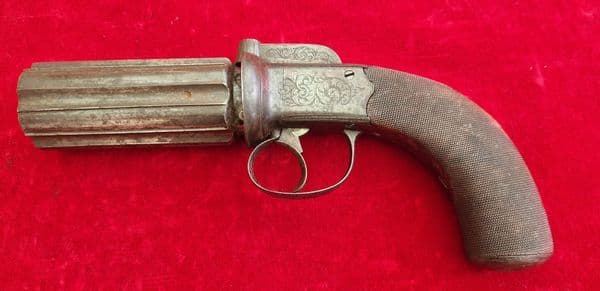 A very scarce British 6 shot bar-hammer .40  percussion pepper-box revolver. C. 1840-1860. Ref 3964.