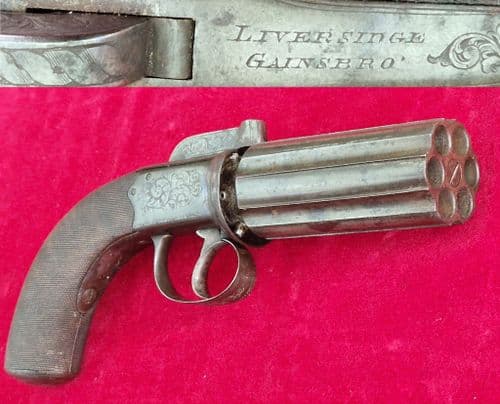 A very scarce British 6 shot bar-hammer .40  percussion pepper-box revolver. C. 1840-1860. Ref 3964.