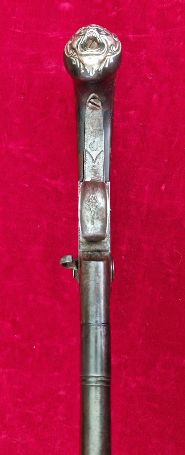An English Queen Anne silver mounted double barrel flintlock pistol by Richards circa 1760. Ref 4409