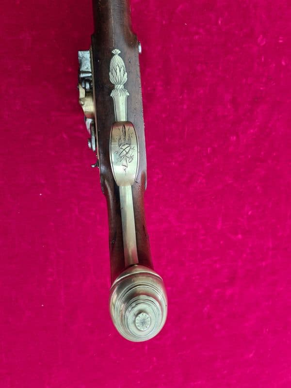 An exceptional 18 inch long brass barrel flintlock pistol by Knubley LONDON, C.1785-1799. Ref 3509