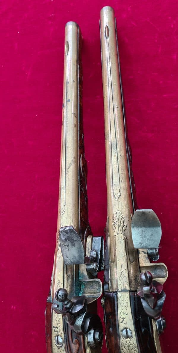 An extremely fine & very long pair of Liege Flintlock Pistols of high quality. Circa 1740. Ref 3927