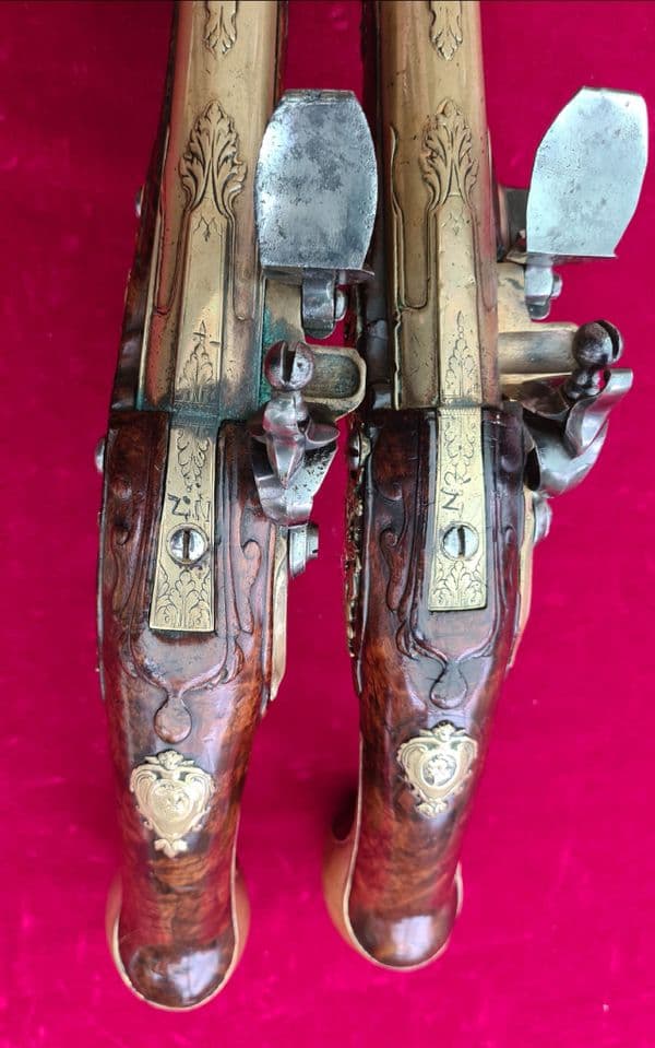 An extremely fine & very long pair of Liege Flintlock Pistols of high quality. Circa 1740. Ref 3927