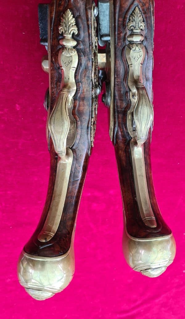 An extremely fine & very long pair of Liege Flintlock Pistols of high quality. Circa 1740. Ref 3927