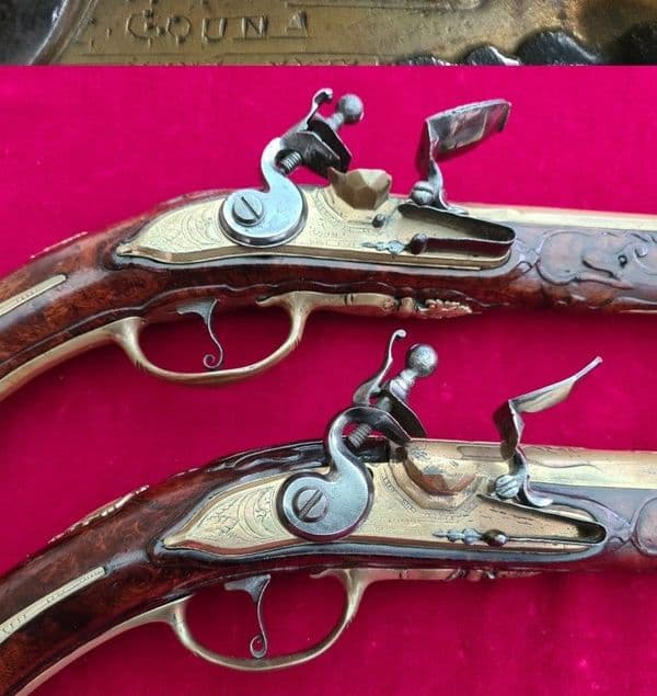 An extremely fine & very long pair of Liege Flintlock Pistols of high quality. Circa 1740. Ref 3927
