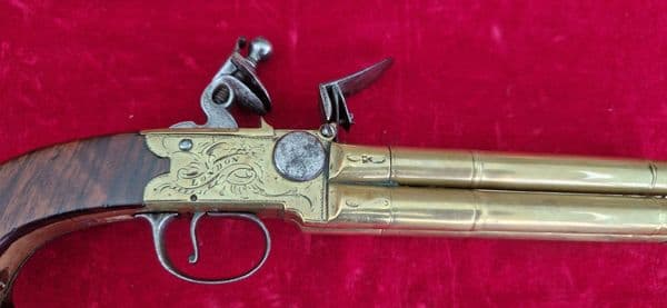 Brass mounted four Barrelled Tap Action Flintlock Pistol by REA London. Ref 4486. Was £4,350 now