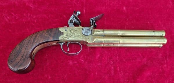 Brass mounted four Barrelled Tap Action Flintlock Pistol by REA London. Ref 4486. Was £4,350 now