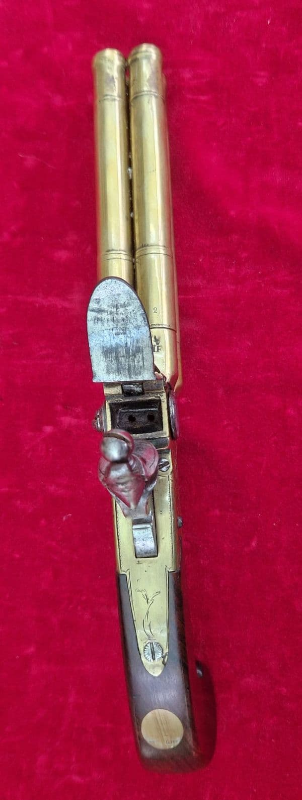 Brass mounted four Barrelled Tap Action Flintlock Pistol by REA London. Ref 4486. Was £4,350 now