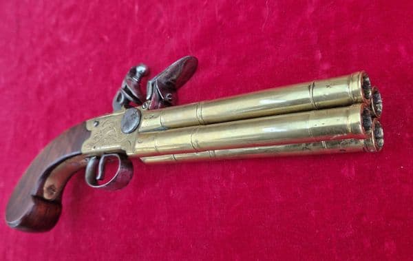 Brass mounted four Barrelled Tap Action Flintlock Pistol by REA London. Ref 4486. Was £4,350 now
