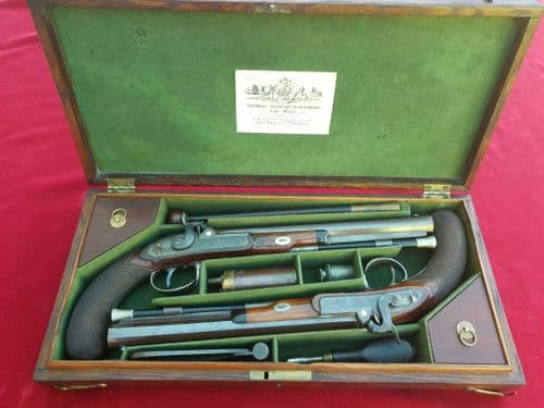 Cased pair of silver mounted Duelling pistols by Mortimer of LONDON. Ref 2313. Was £18,000 now