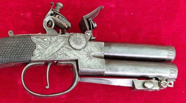 Double Barrelled Tap Action Flintlock Pistol by J. WHITEHOUSE West Bromwich. Ref 4296 Was £1,800 now