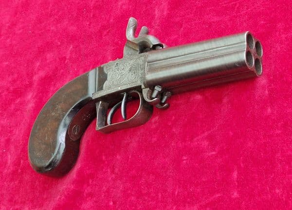 Irish four barrel percussion travelling pistol, by Parkinson DUBLIN. Ref 4407. Was £2,850 now