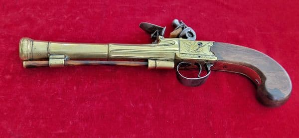 Napoleonic brass Flintlock Blunderbuss Officer's pistol by J. CASH. Ref 3786. Was £2,500 now