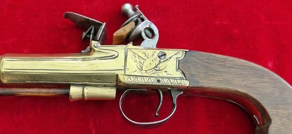 Napoleonic brass Flintlock Blunderbuss Officer's pistol by J. CASH. Ref 3786. Was £2,500 now