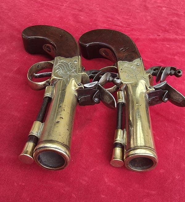 Pair of Napoleonic era English brass blunderbuss pistols by Goodwin & Co. Ref  4685. Was £5650 now