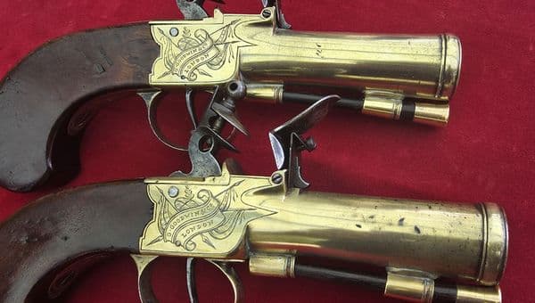 Pair of Napoleonic era English brass blunderbuss pistols by Goodwin & Co. Ref  4685. Was £5650 now
