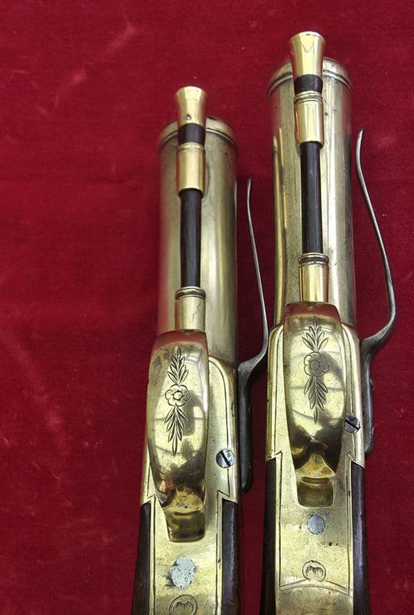 Pair of Napoleonic era English brass blunderbuss pistols by Goodwin & Co. Ref  4685. Was £5650 now