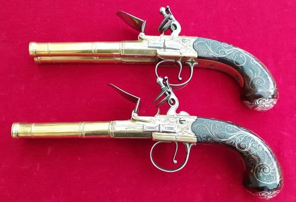 Pair of  Queen Anne silver mounted double  barrel  flintlocks  by Barbar. Ref 2533. Was £11,500 now