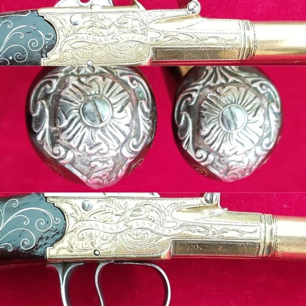 Pair of  Queen Anne silver mounted double  barrel  flintlocks  by Barbar. Ref 2533. Was £11,500 now
