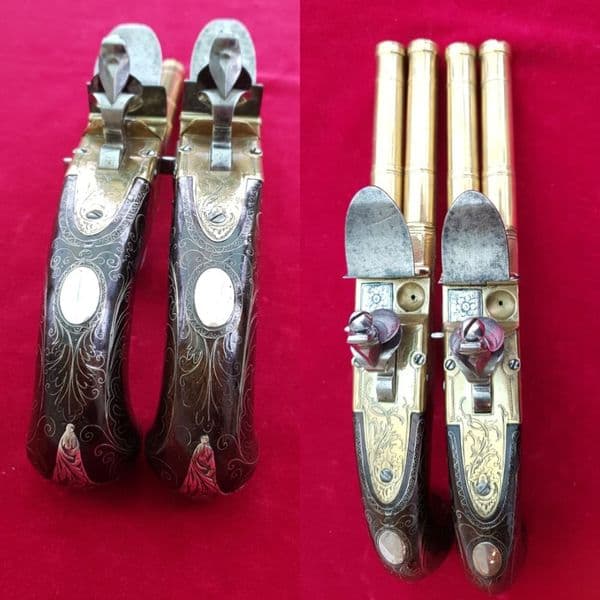 Pair of  Queen Anne silver mounted double  barrel  flintlocks  by Barbar. Ref 2533. Was £11,500 now