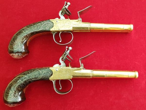 Pair of  Queen Anne silver mounted double  barrel  flintlocks  by Barbar. Ref 2533. Was £11,500 now