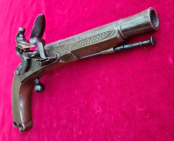Scottish Rams horn brass Highlander's flintlock pistol by ROSS EDINBURGH. Ref 3743. Was £5,850  now