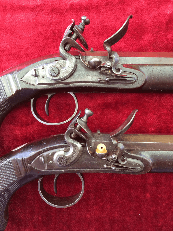 X X SOLD X X  A Pair of flintlock duelling pistols by Manton, good condition. Ref 6542.