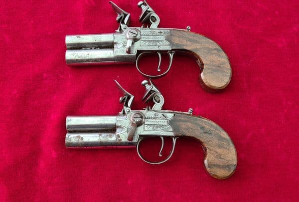 X X SOLD X X Pair of English over & Under double barrel  flintlock pistols by Richardson. Ref 3755