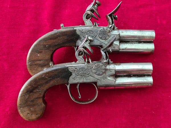 X X SOLD X X Pair of English over & Under double barrel  flintlock pistols by Richardson. Ref 3755