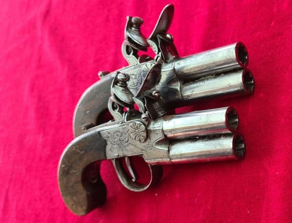 X X SOLD X X Pair of English over & Under double barrel  flintlock pistols by Richardson. Ref 3755